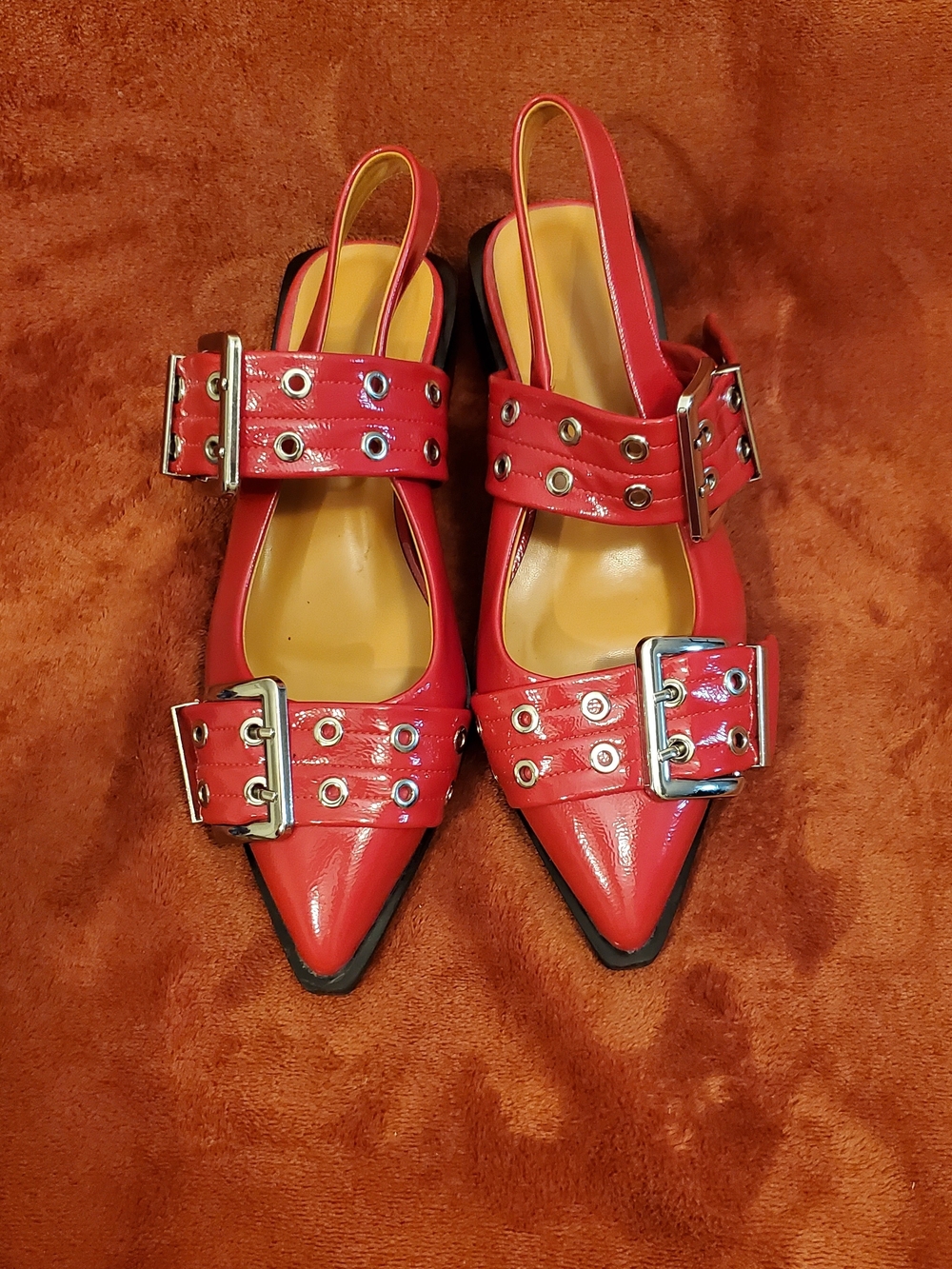 Red Patent Pointed-Toe Slingback Flats with Buckle Detail